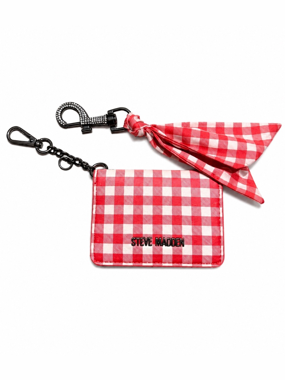 Steve Madden Red and White Gingham Card Holder & Keychain with Tassel